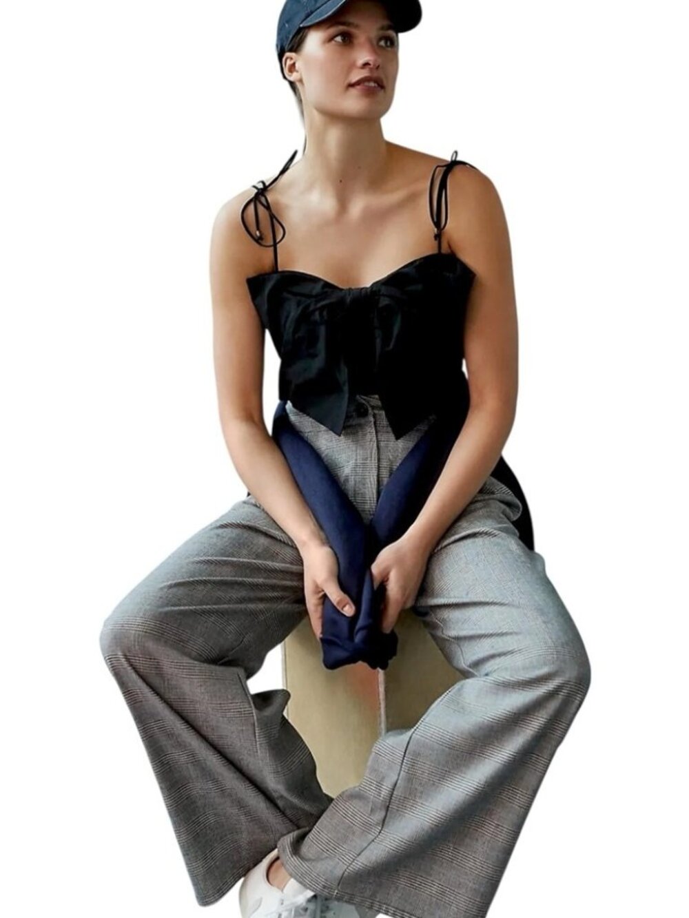 Maeve Bow-Tie Crop Top Size‎ Small Black Smocked Adjustable Tie Straps